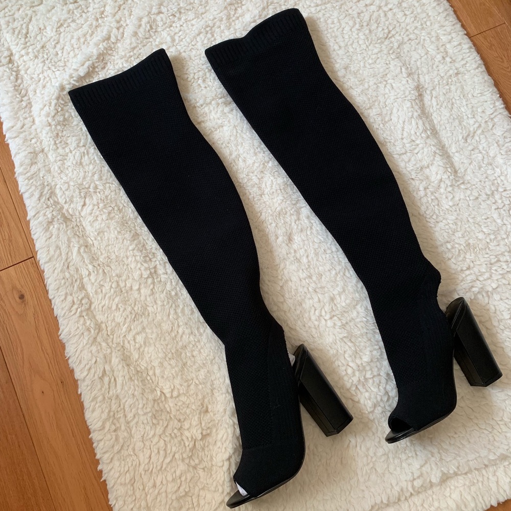 Black Thigh High Peep Toe Boots